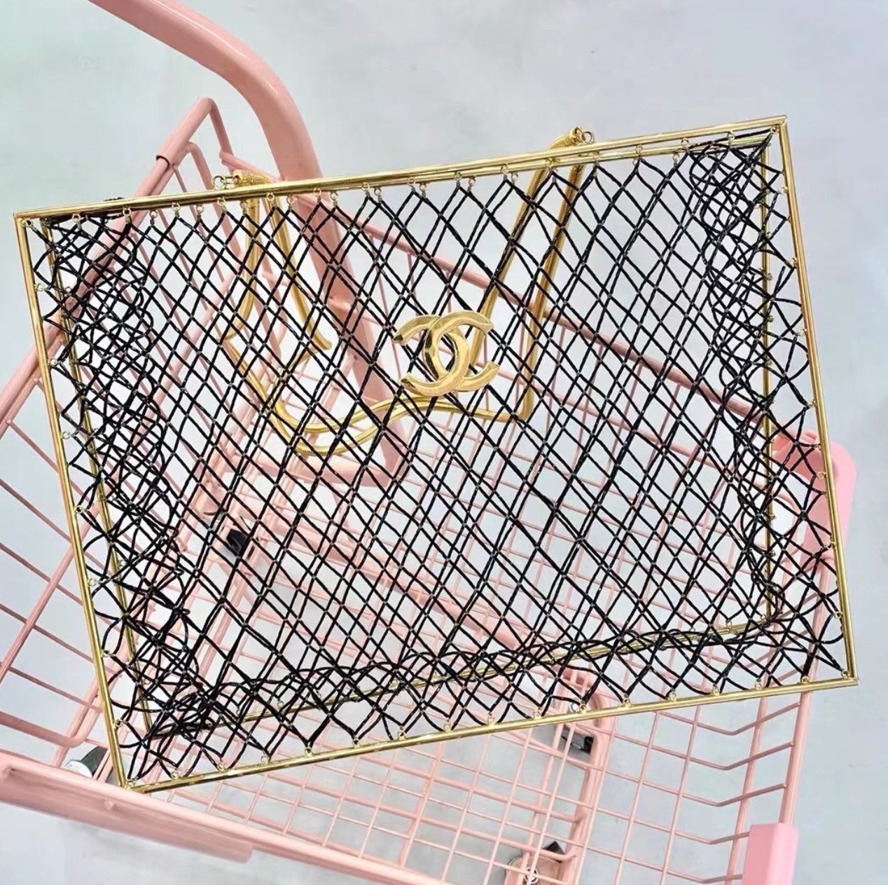 Chanel Rare Spring 1997 Runway Gold Cage Large Shopping Tote Bag