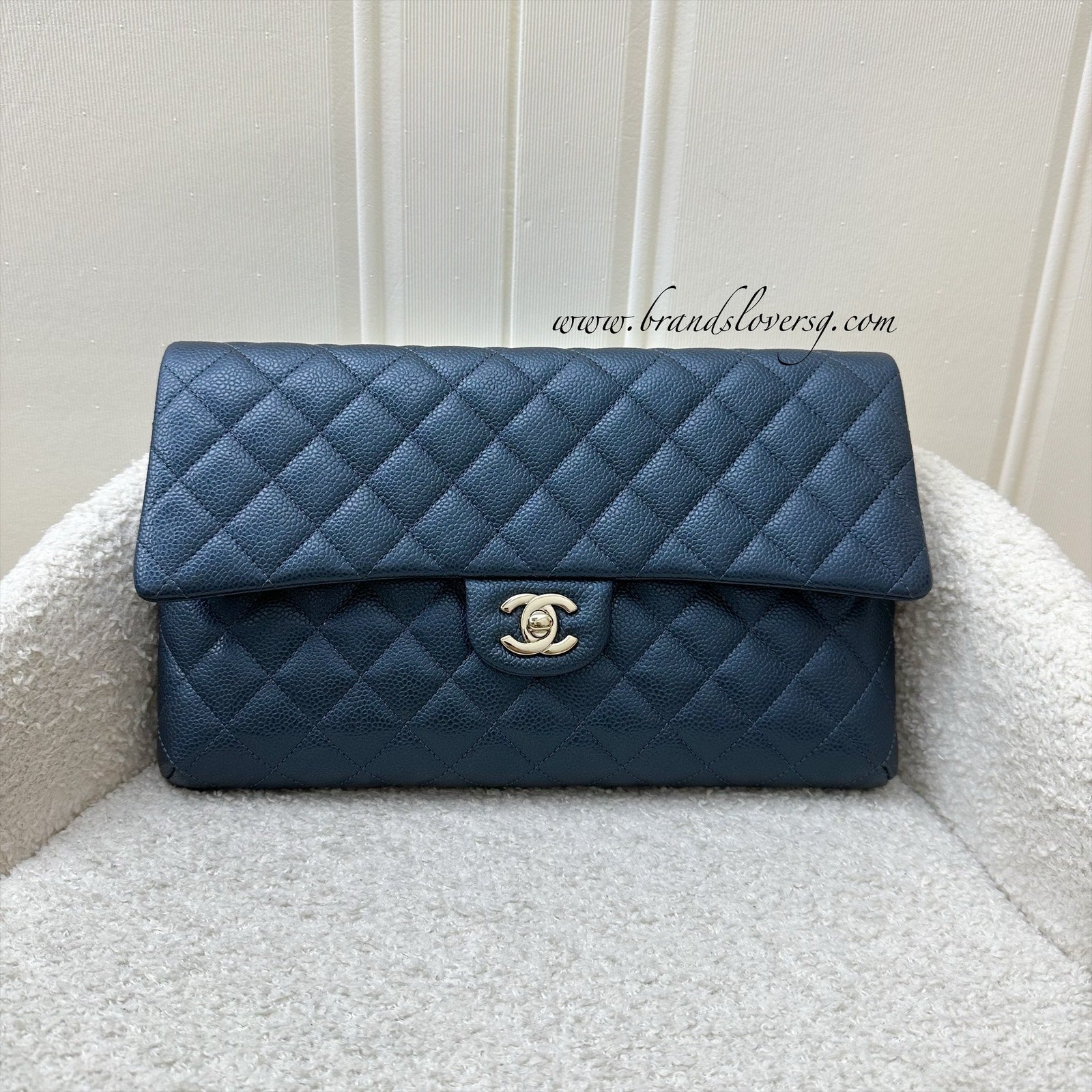 Chanel Timeless Clutch in Iridescent Blue Clutch Bag - Rovelle Bags