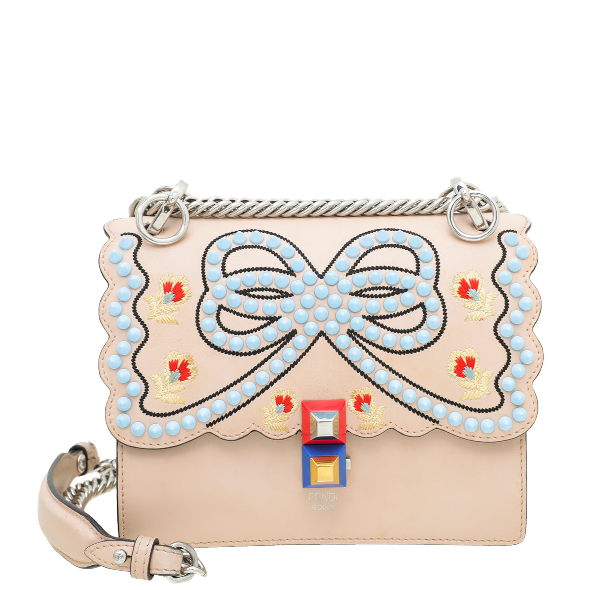 Fendi Peach Kan I Scalloped Studs Bow Flower Small Bag