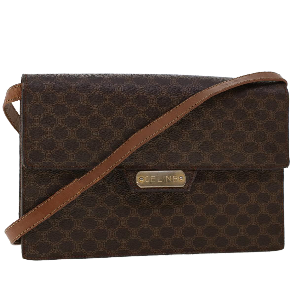 Luxury CELINE Macadam Canvas Shoulder Bag PVC Leather Brown fm2547