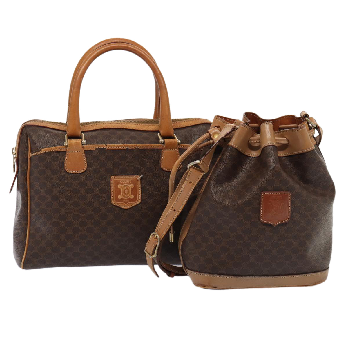Luxury CELINE Macadam Canvas Shoulder Bag Hand Bag PVC Leather 2Set Brown fm3566