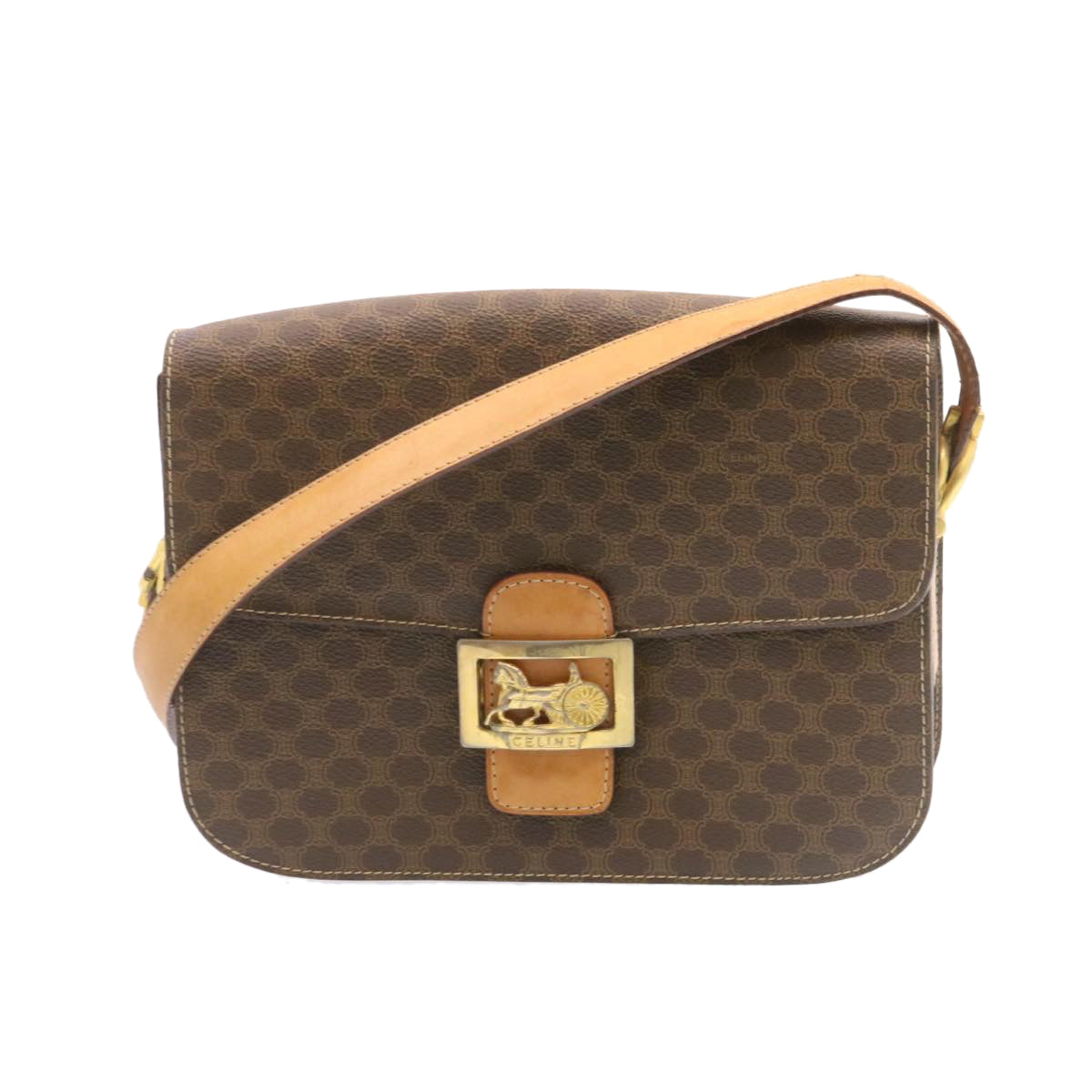 Luxury CELINE Horse Carriage Macadam Canvas Shoulder Bag Brown fm673