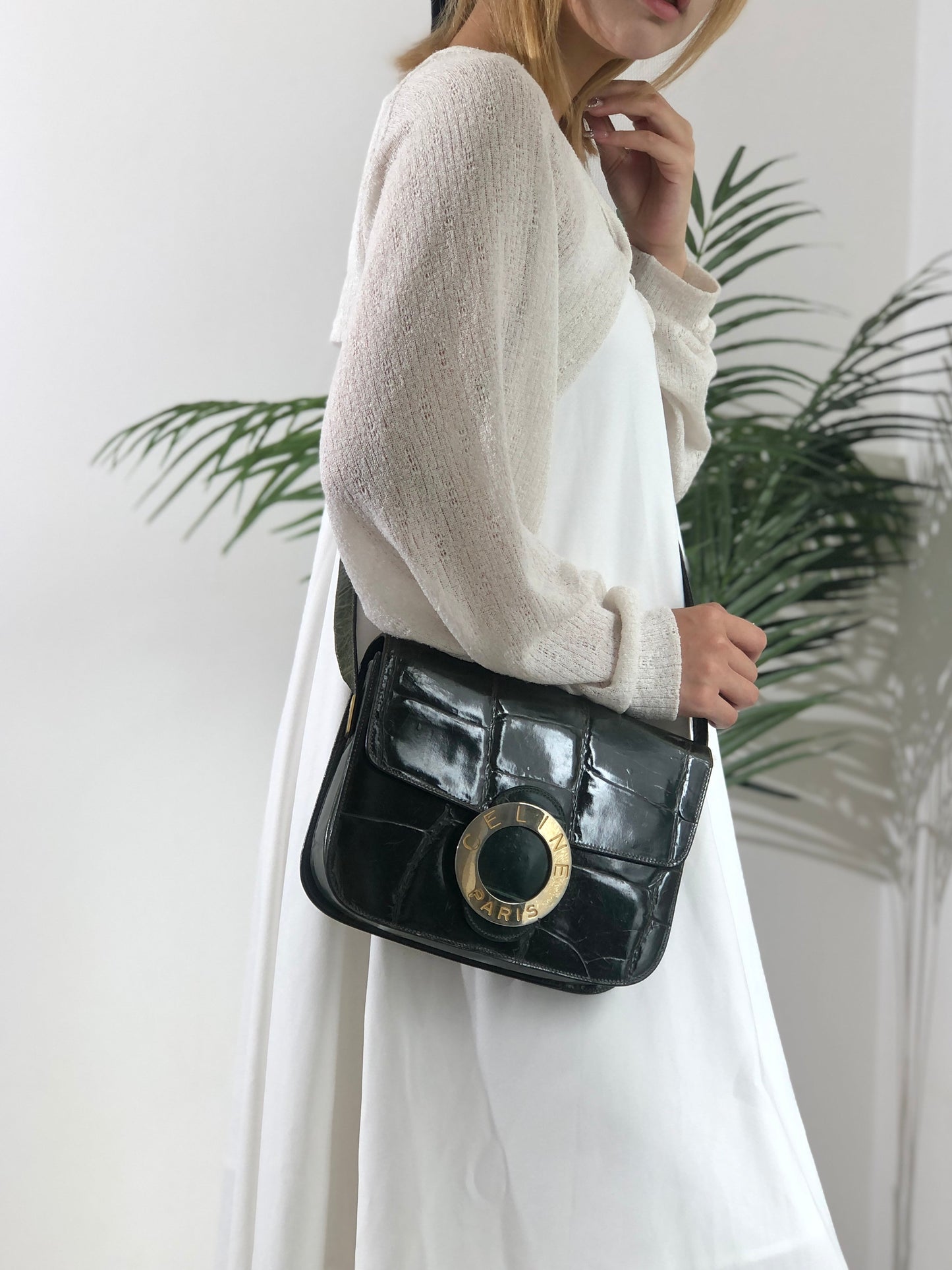 CELINE Circle Logo Crocodile Crossbody Leather Shoulder bag Green