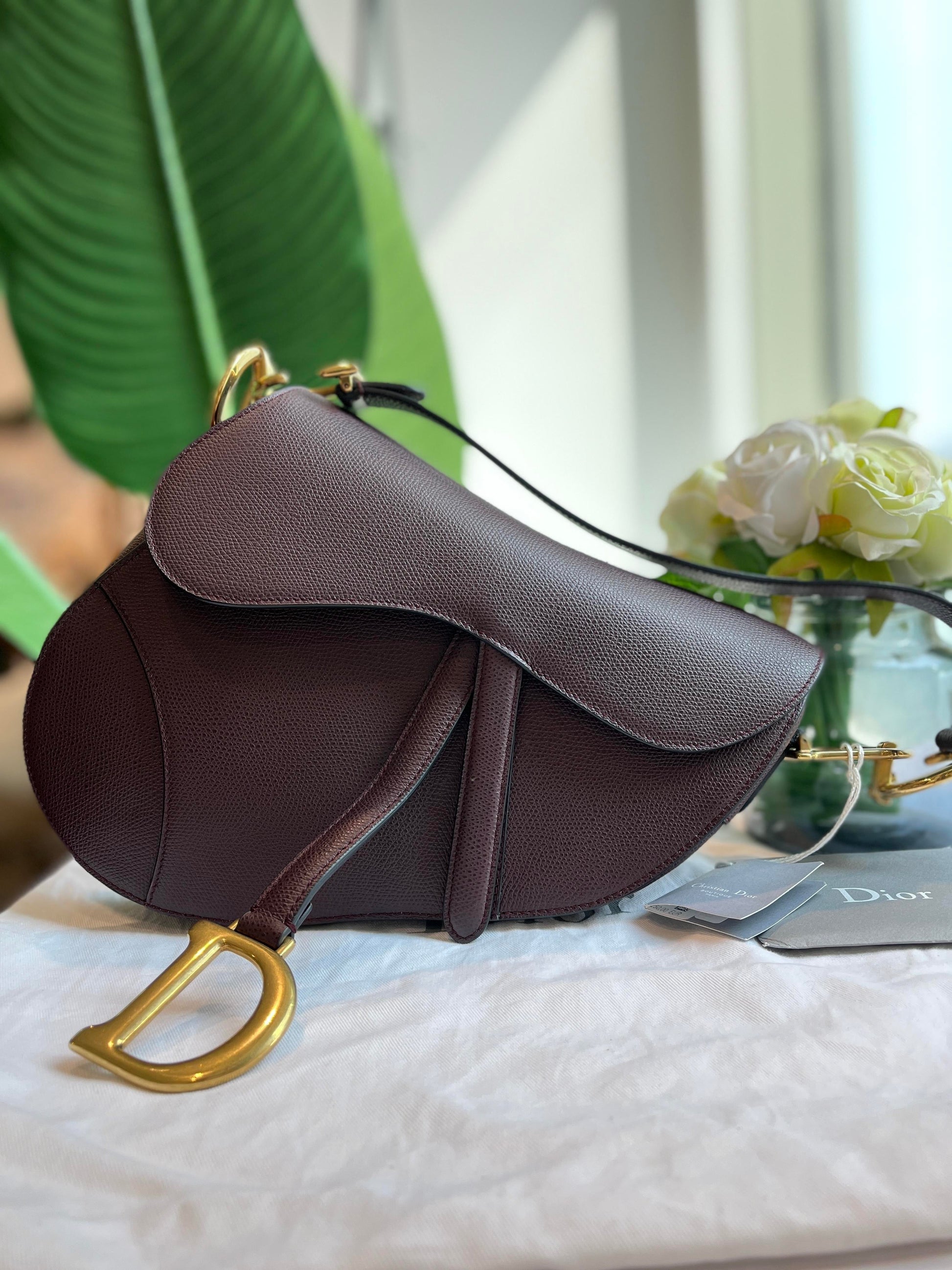 Dior Saddle Maroon Medium Grained Leather Handbag with Strap