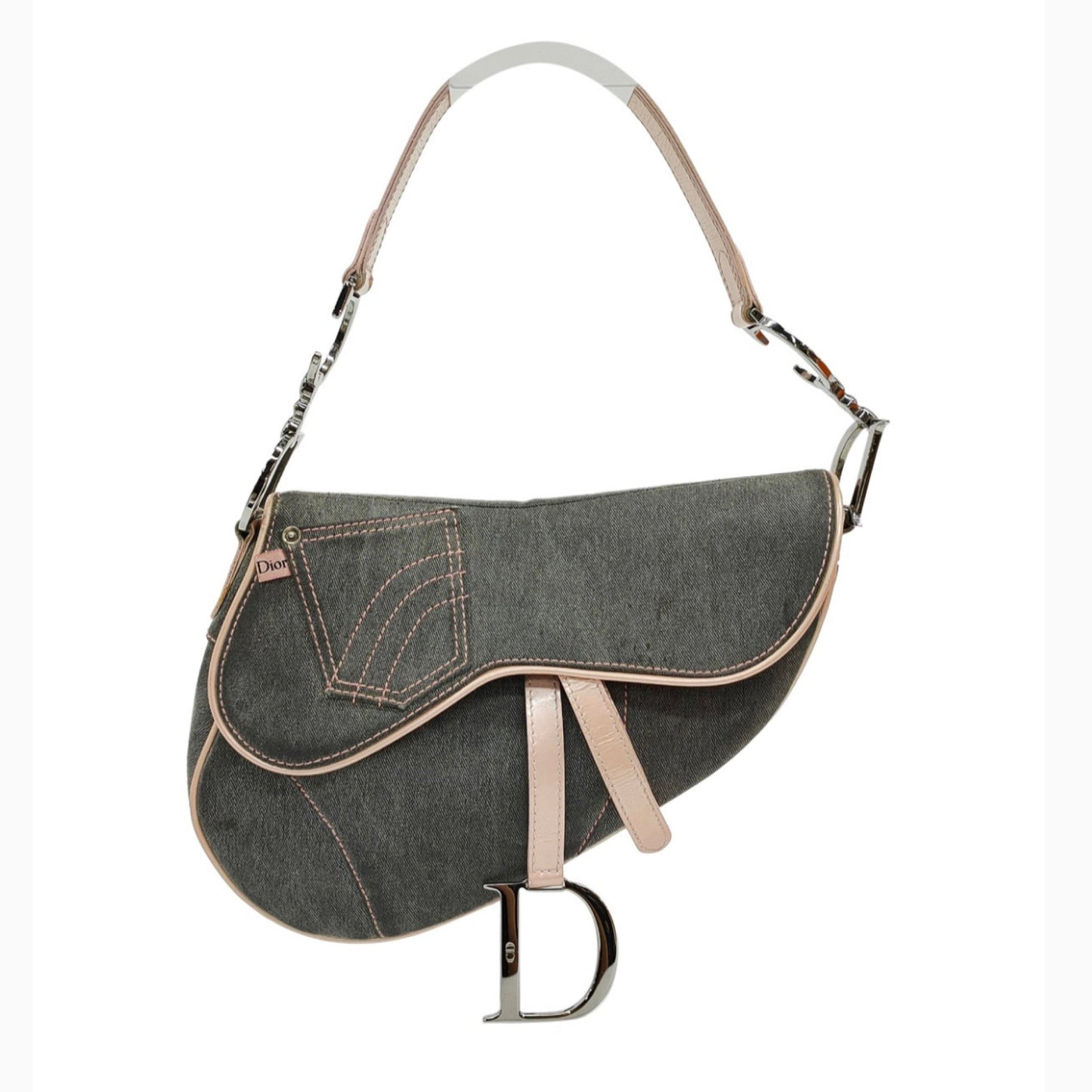 Dior saddle bag denim with pink leather strap