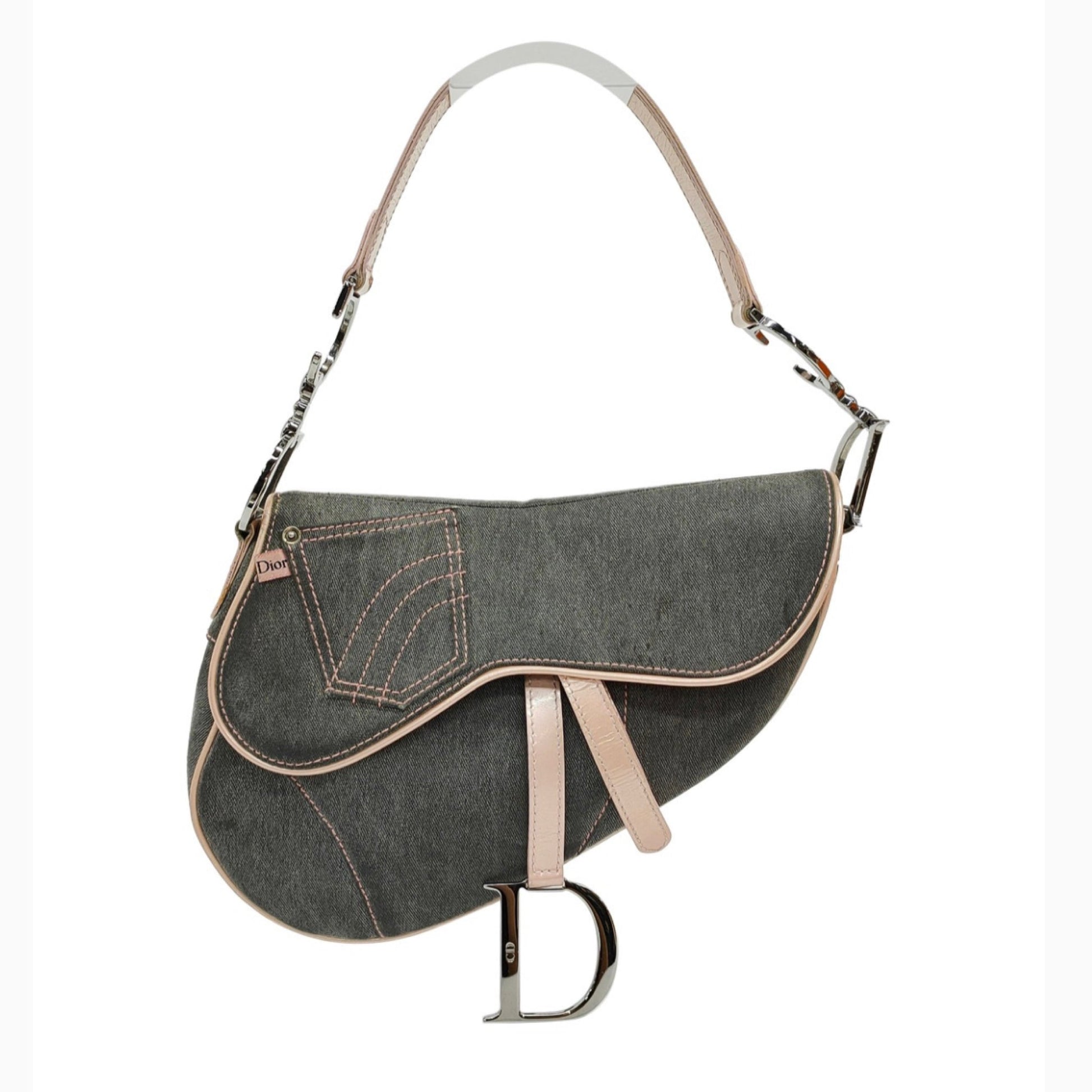 Dior saddle bag denim with pink leather strap
