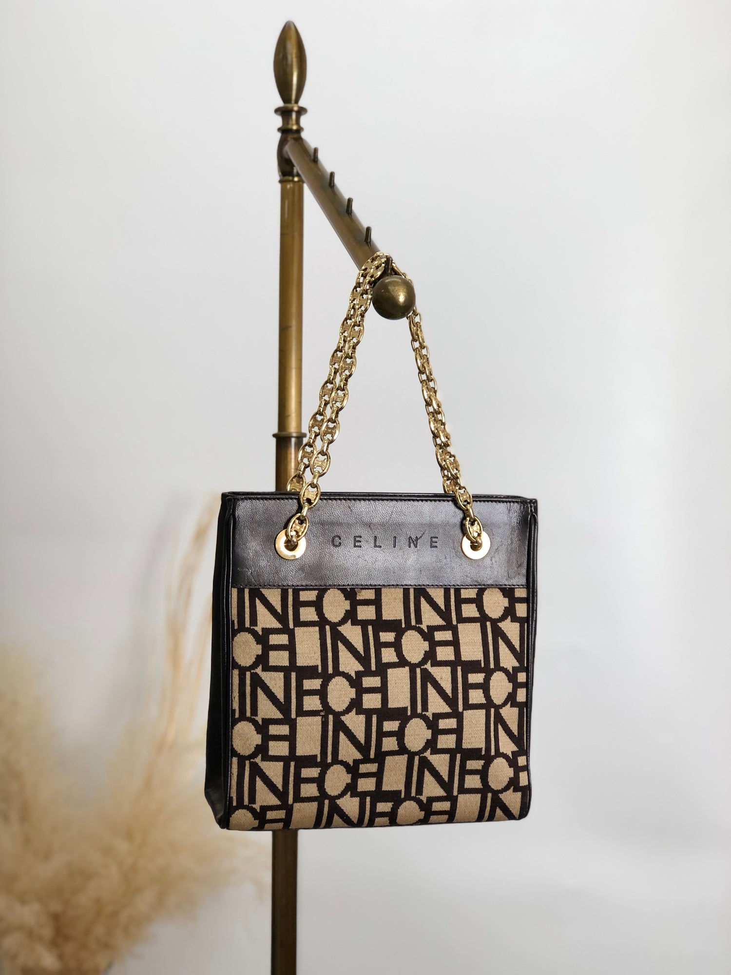 CELINE Logo Embroidery Chain Handbag Brown