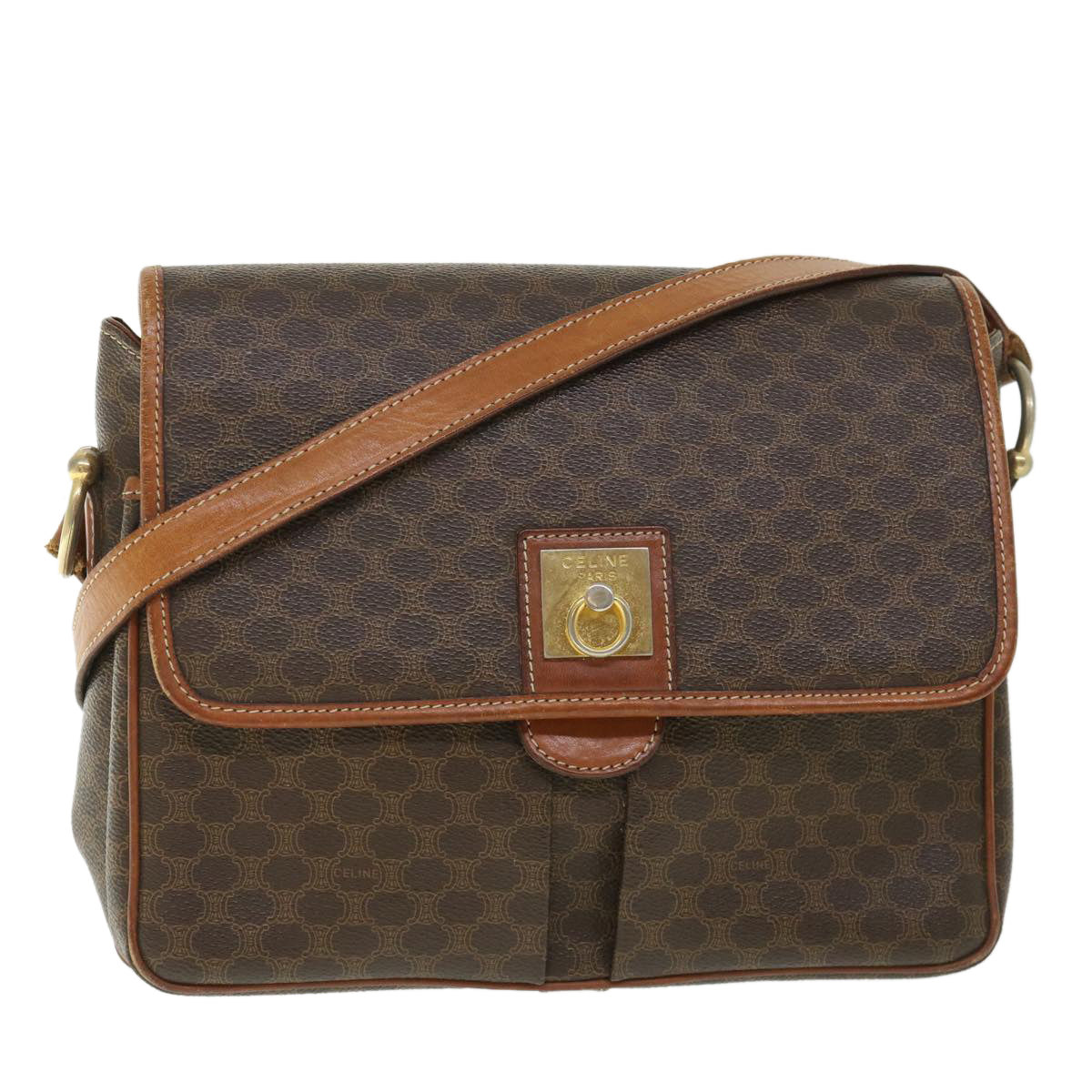 Luxury CELINE Macadam Canvas Shoulder Bag PVC Leather Brown ki3561