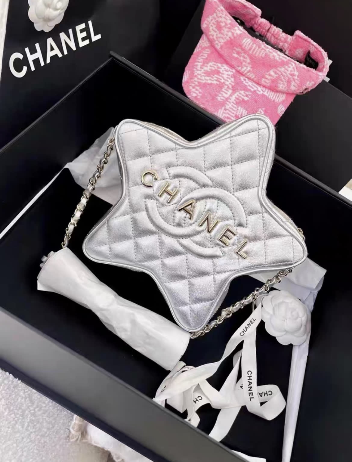 24C Chanel Silver Metallic Lambskin Star Logo Runway Bag Nwt