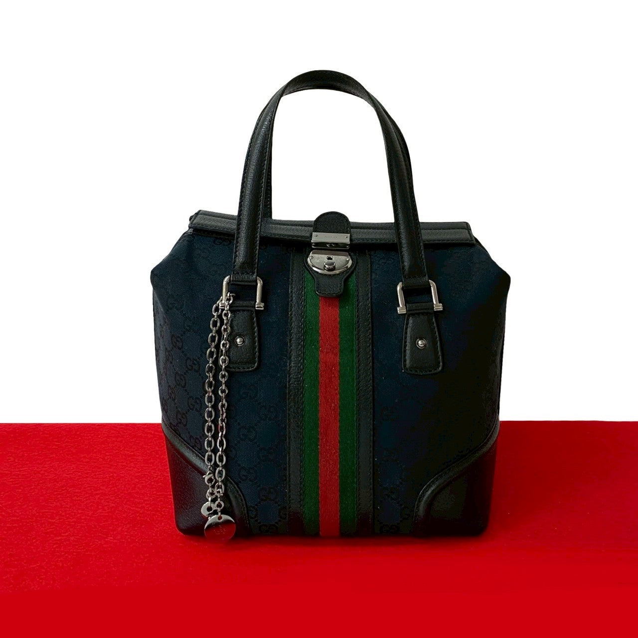 Gucci GG Logo Charm Leather Canvas Handbag