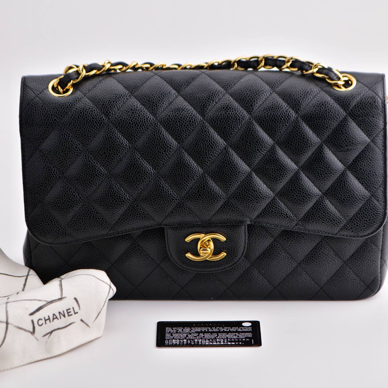 Chanel Jumbo Black Calfskin Caviar Double Flap Bag with GHW