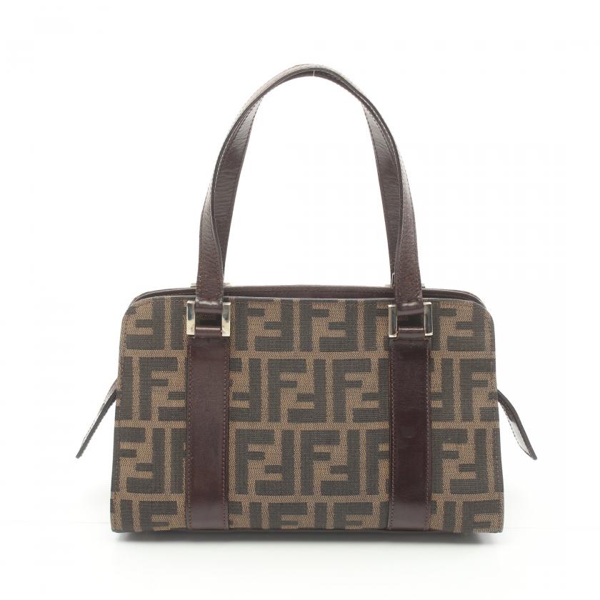 Fendi Zucca Handbag Canvas Leather Brown Dark Brown