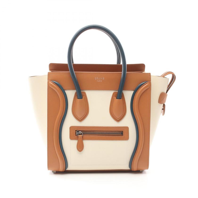 Luxury CELINE Luggage Micro Shopper Handbag Ivory Light Brown Leather Tote Bag