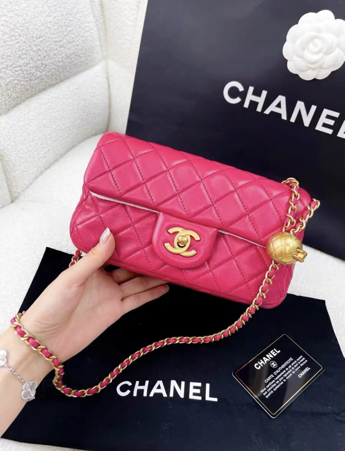 Chanel Rose Red Gold Ball Cf Large Mini Chain Bag
