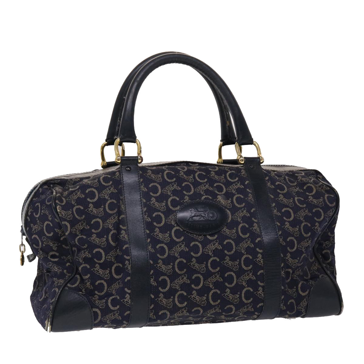 Luxury CELINE Boston Bag Canvas Leather Navy ar8356