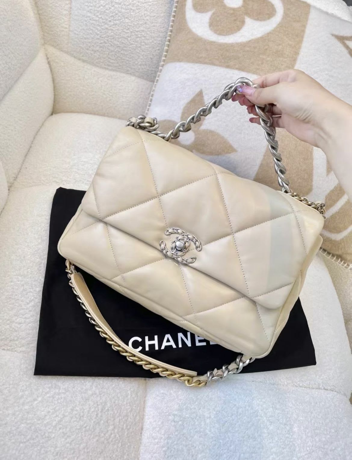 Chanel Beige Silver Medium 19Bag