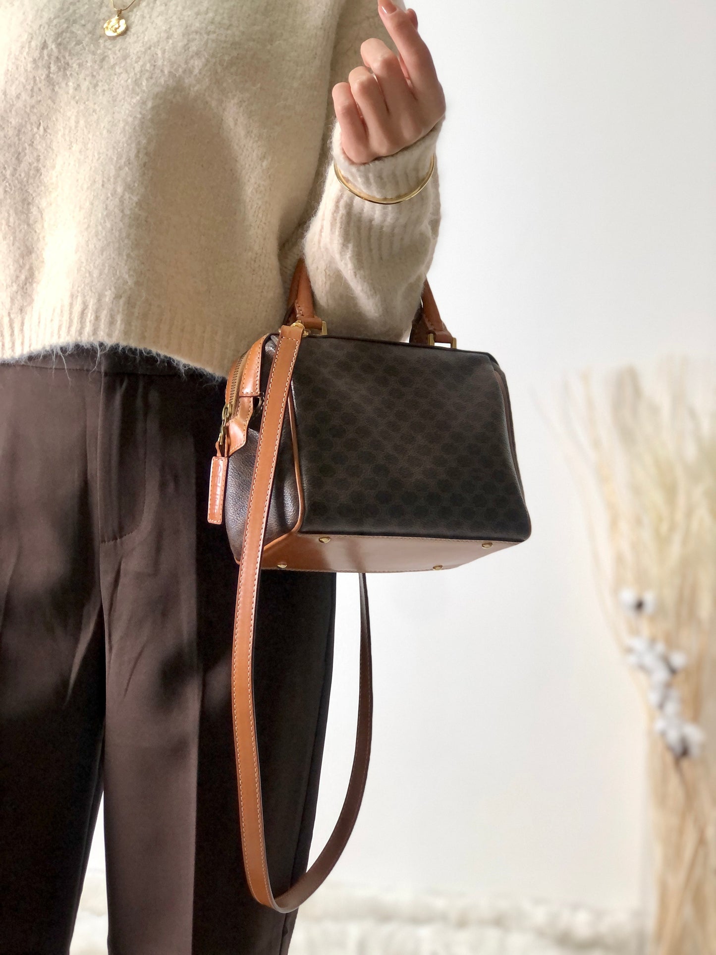 CELINE Macadam Two-way Handbag Shoulder bag Brown abjhud