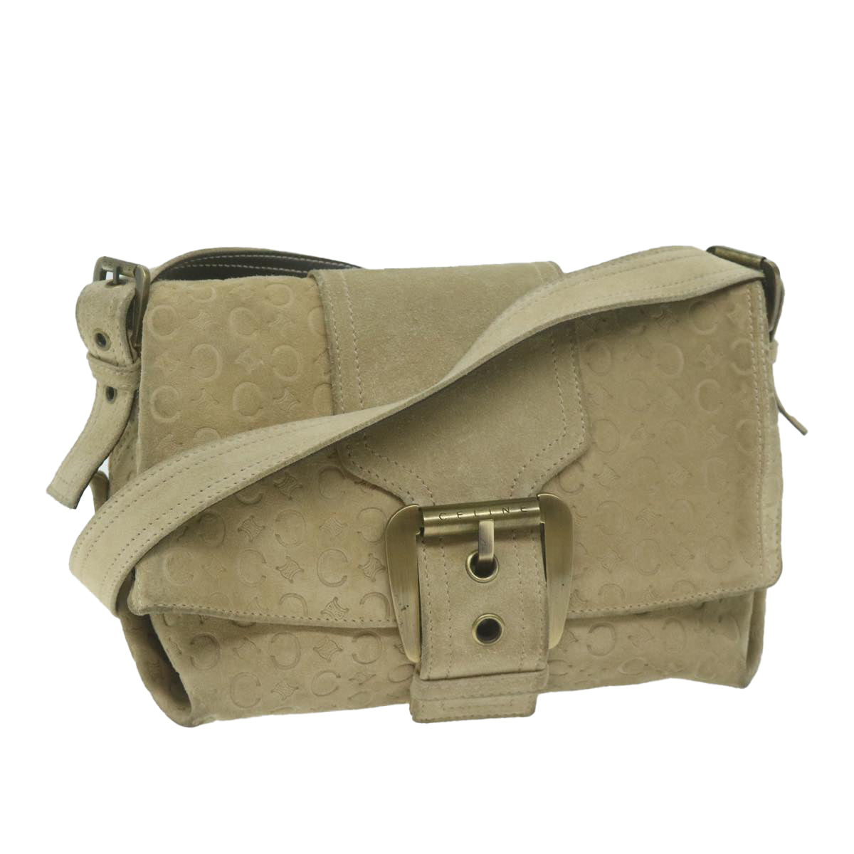 Luxury CELINE C Macadam Canvas Shoulder Bag Suede Beige 10490