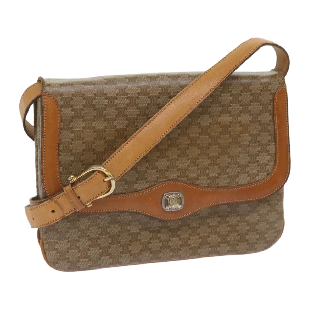 Luxury CELINE Macadam Canvas Shoulder Bag Beige 10893