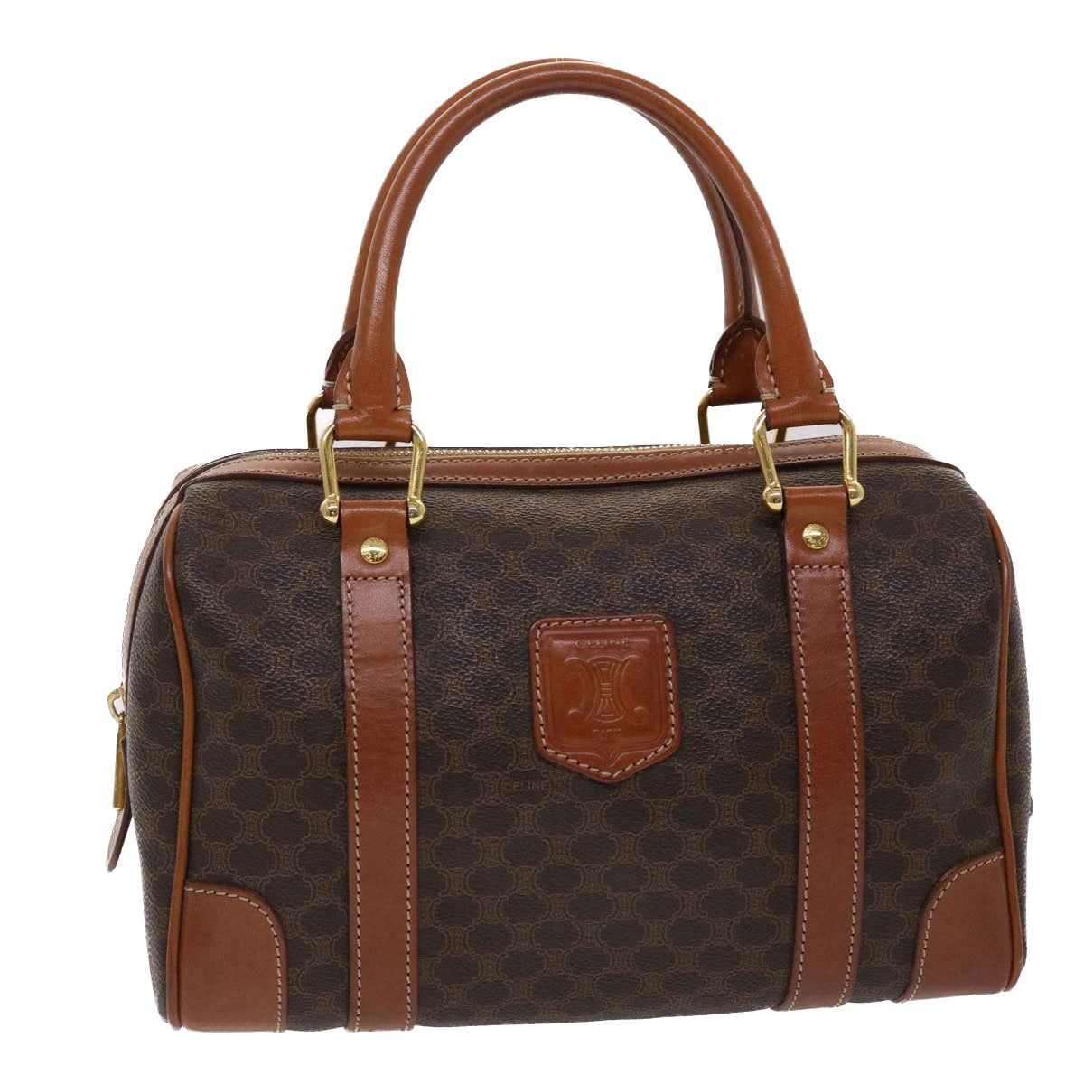 Luxury CELINE Macadam Canvas Boston Bag PVC Leather Brown 7604