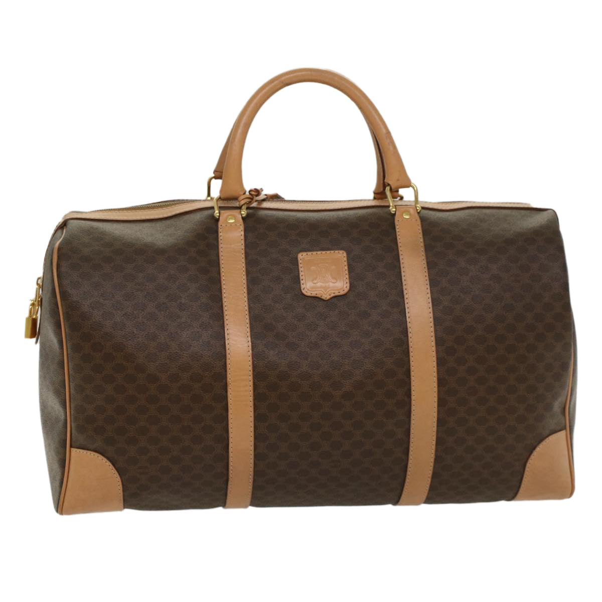 Luxury CELINE Macadam Canvas Boston Bag PVC Leather Brown 8760